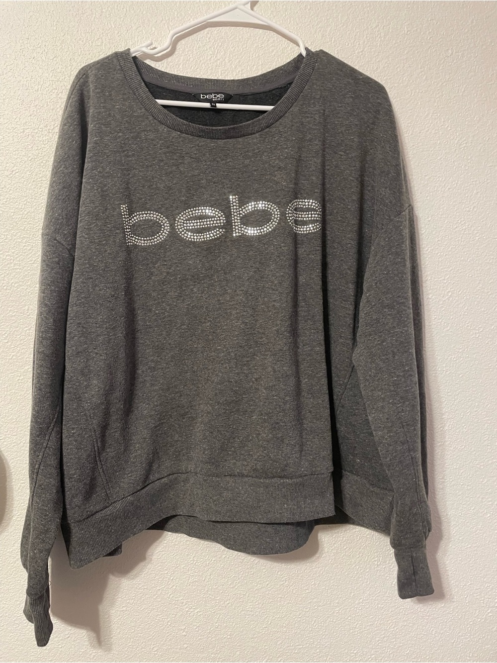 bebe Charcoal Rhinestone Logo Crew Sweatshirt